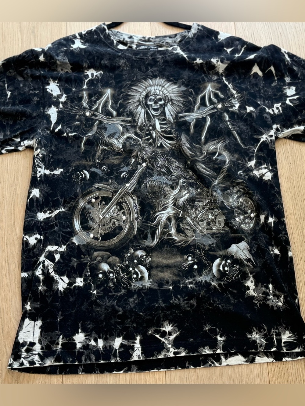 Y2K Biker Skull Motorcycle Acid Wash Stud Graphic Tee Black L Streetwear